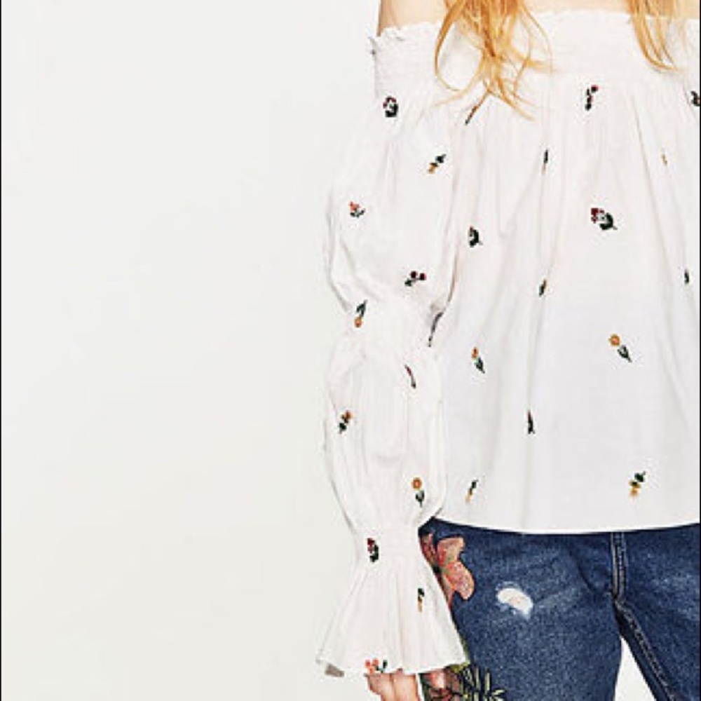 Zara long sleeve off the shoulder embroidered top
